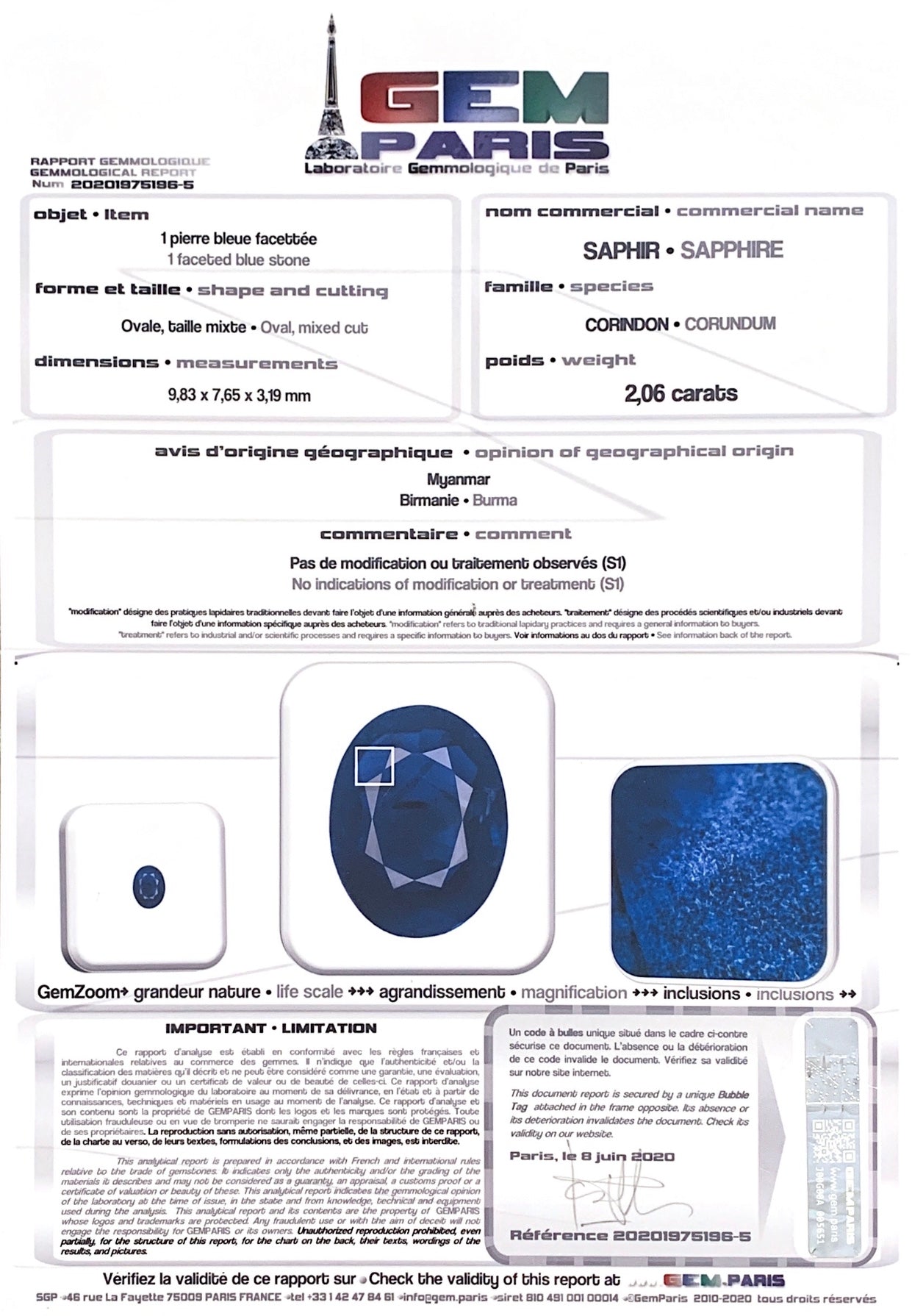 Bague Saphir Birman 2.06 Carats Non Chauffé Diamants Or Gris 18 Carats (Certificat GEM Paris)