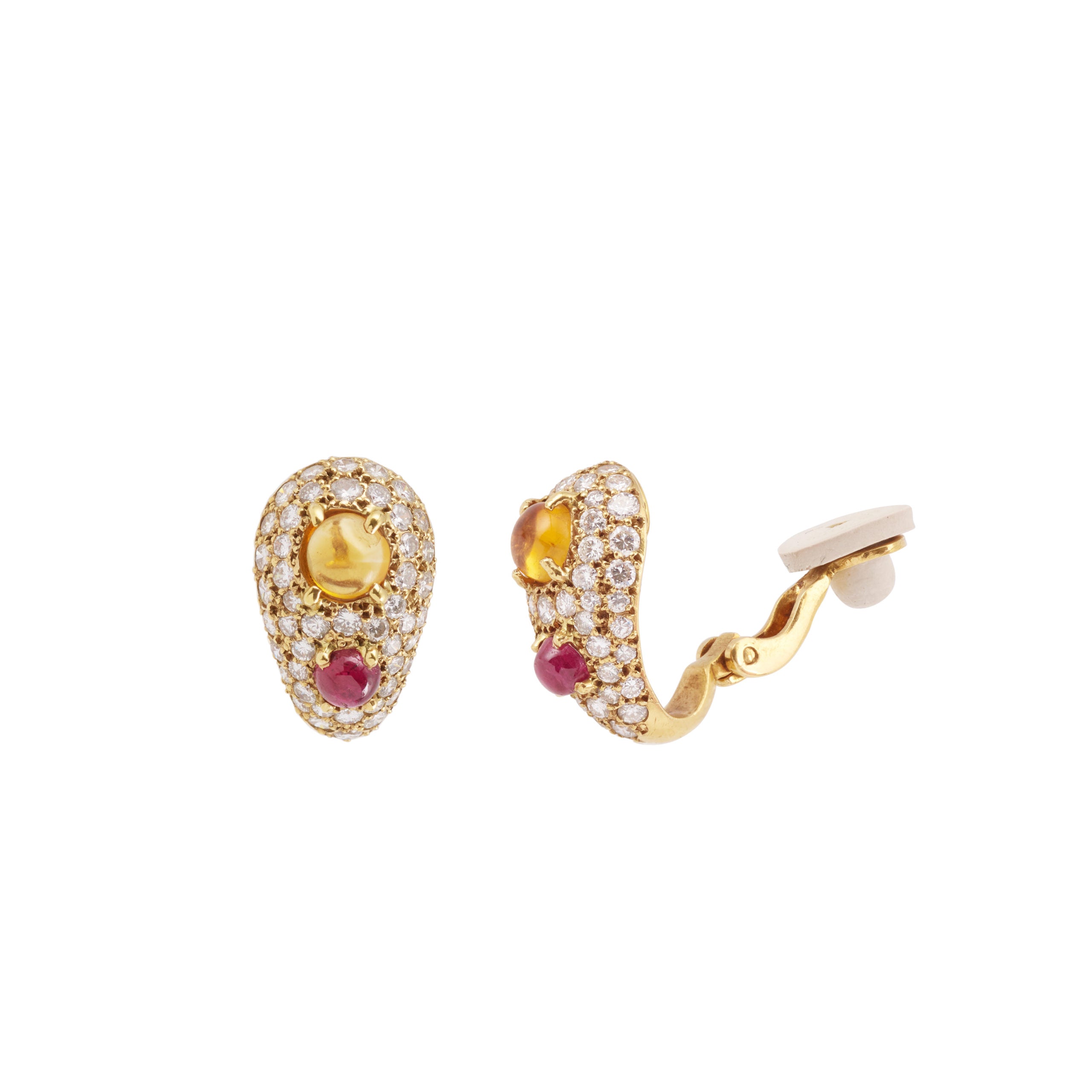 Boucles d’Oreilles Rétro Clip Citrines Rubis Diamants Or Jaune 18 Carats