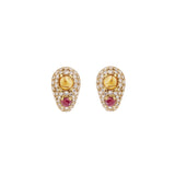 Boucles d’Oreilles Rétro Clip Citrines Rubis Diamants Or Jaune 18 Carats