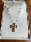 Colored Stones 14 Carats Yellow Gold Cross Pendant Necklace