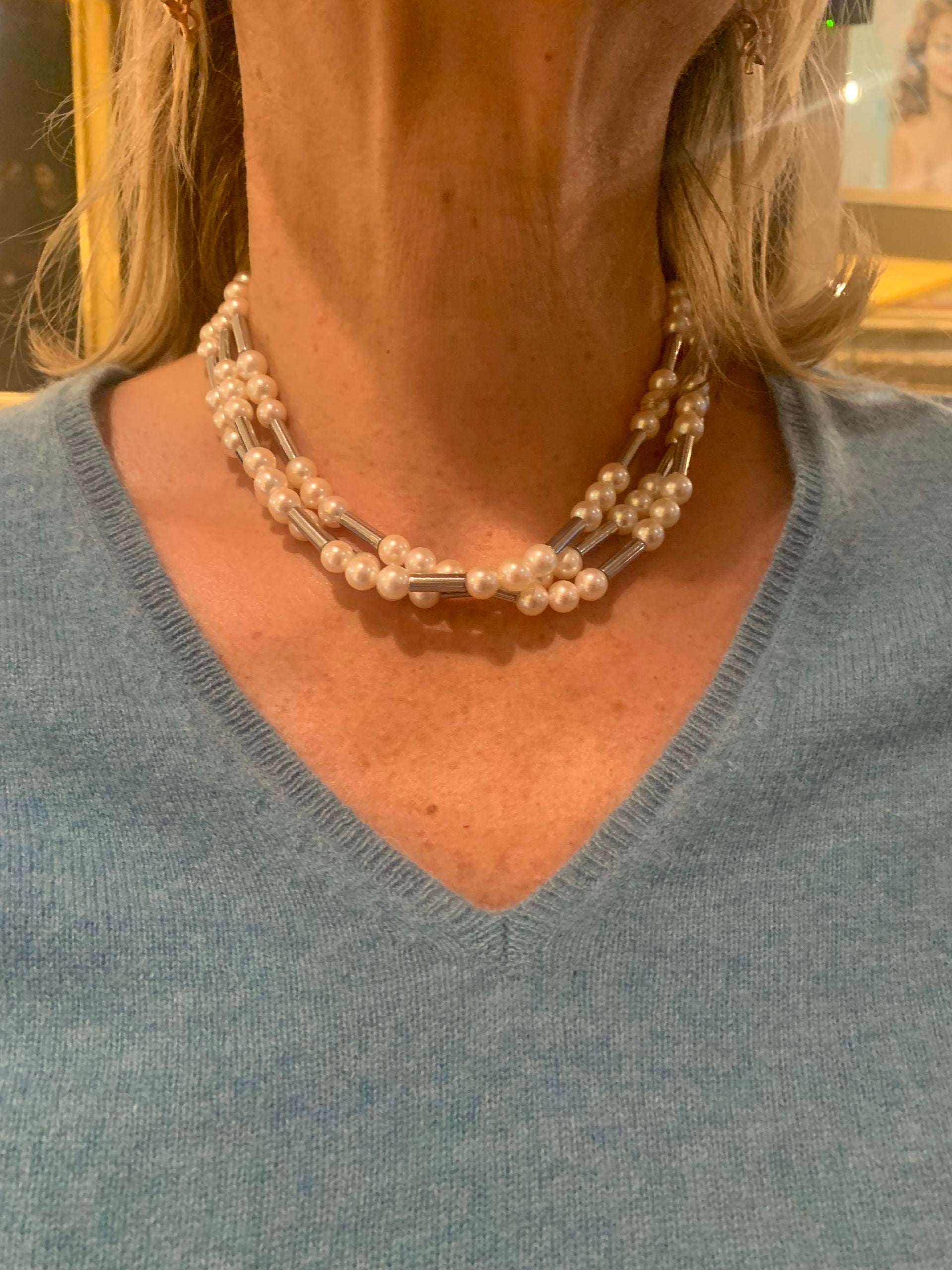 Poiray Roseau Akoyas Pearls 18 Carats White Gold Necklace