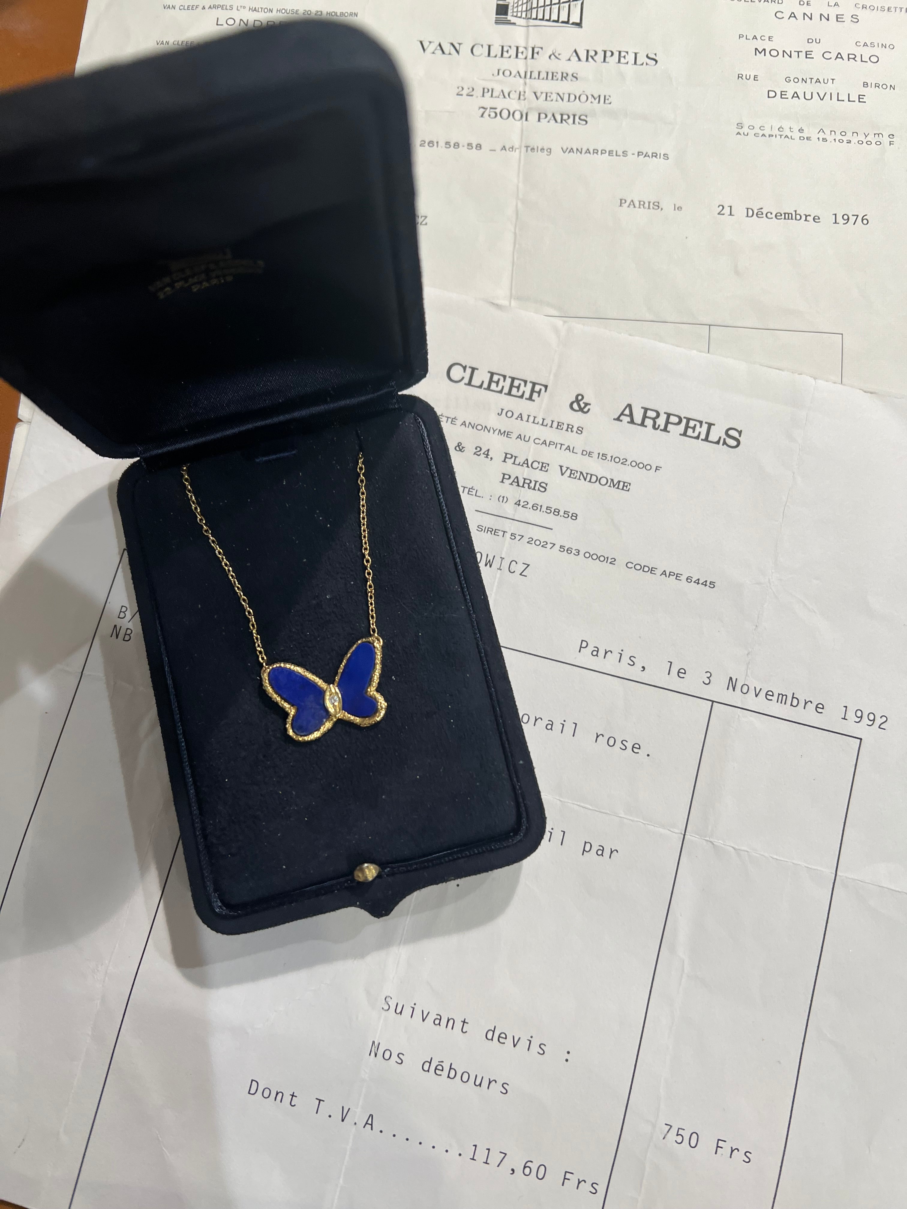 Collier Vintage Papillon Van Cleef & Arpels Lapis-Lazuli Diamant Or Jaune 18 Carats