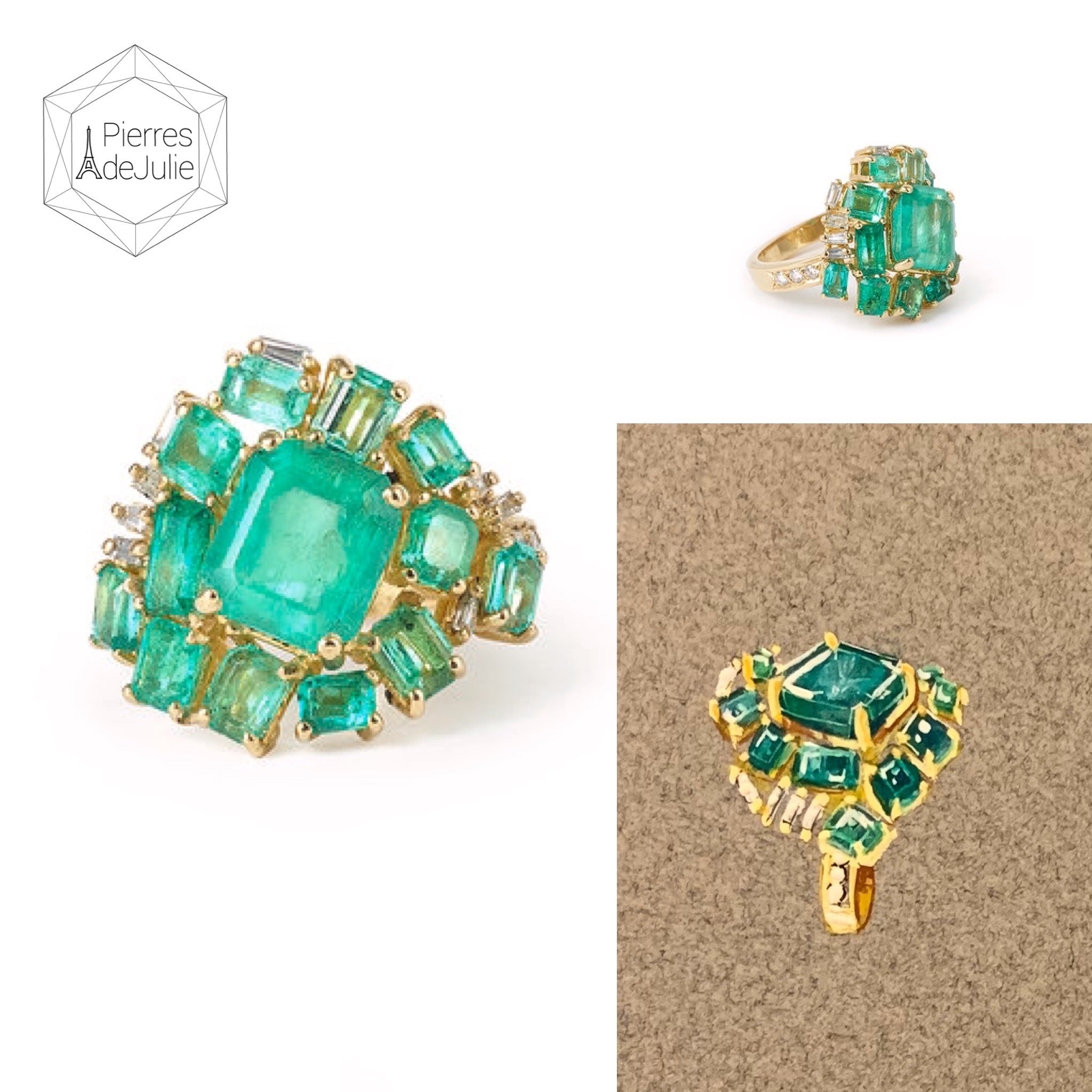 Certified 4.20 Carats Colombian Emerald Diamonds And Emeralds Paved 18 Carats Yellow Gold Ring