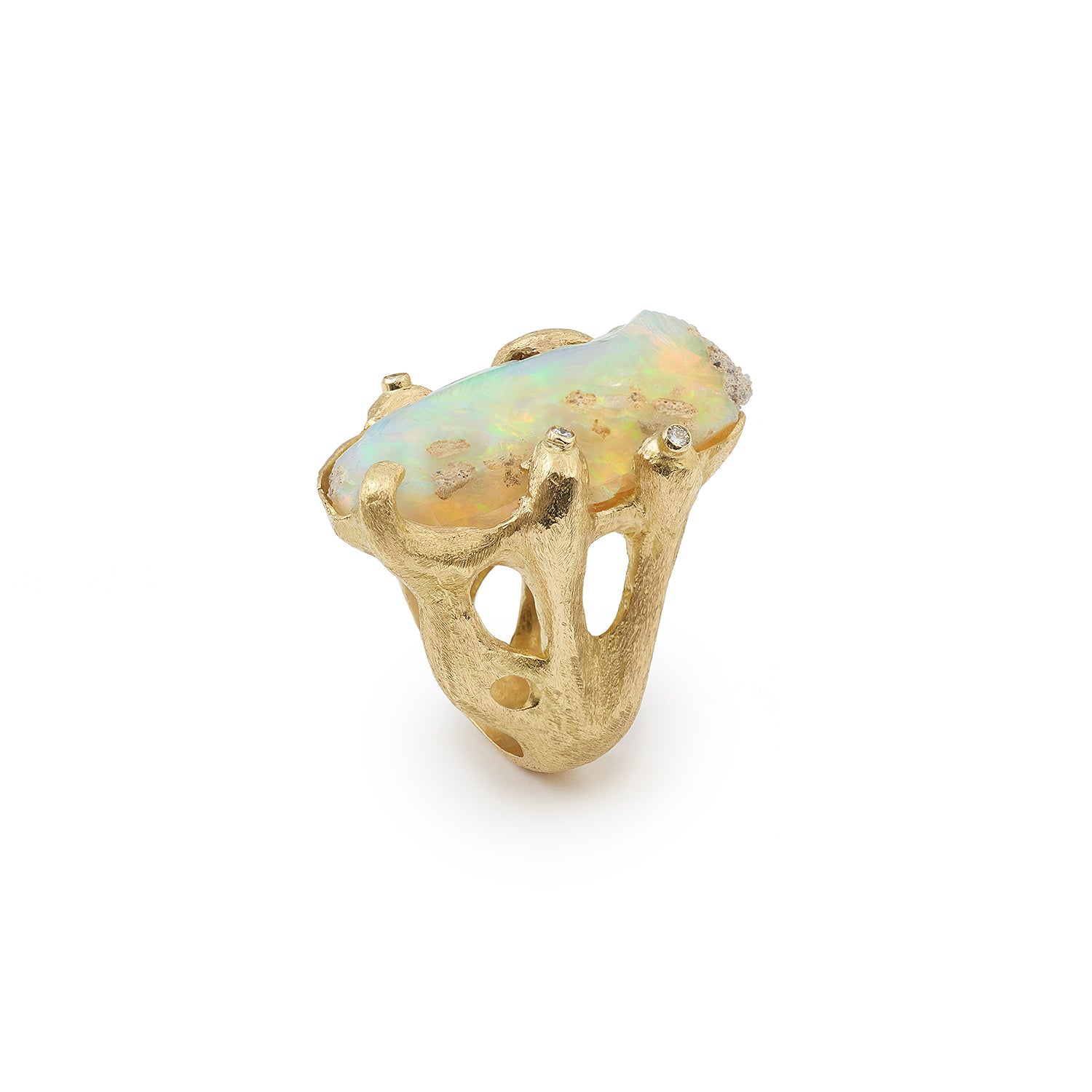 Rough Opal Diamonds 18 Carats Yellow Gold Rocaille Ring