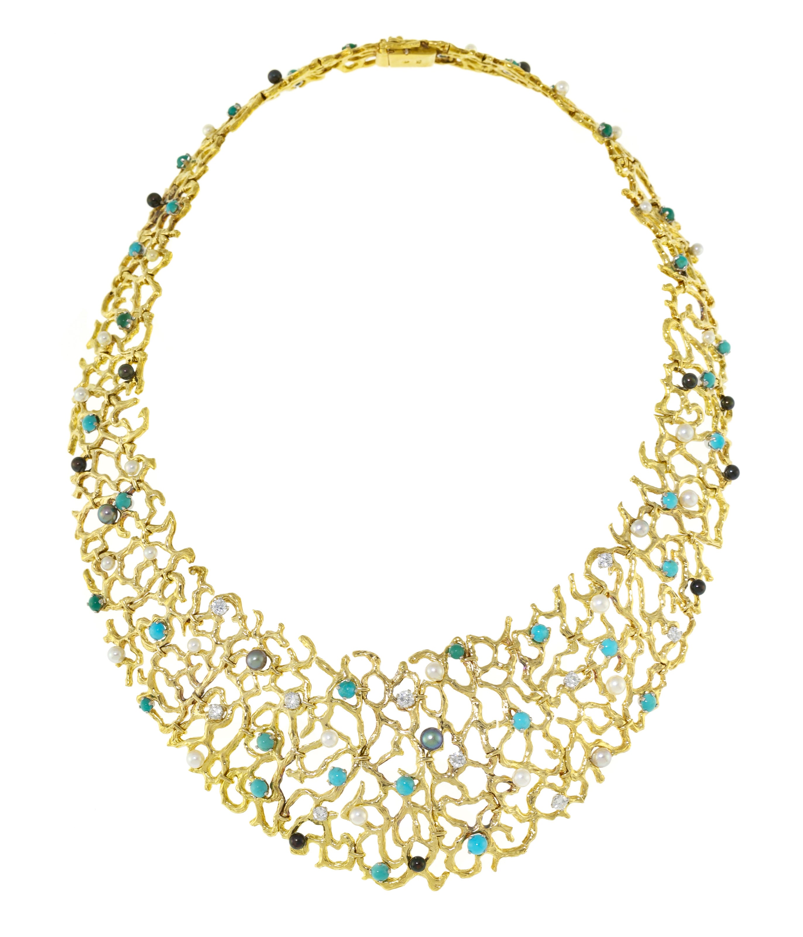 Gilbert Albert Half Set Turquoise Diamonds Pearls 18K Yellow Gold