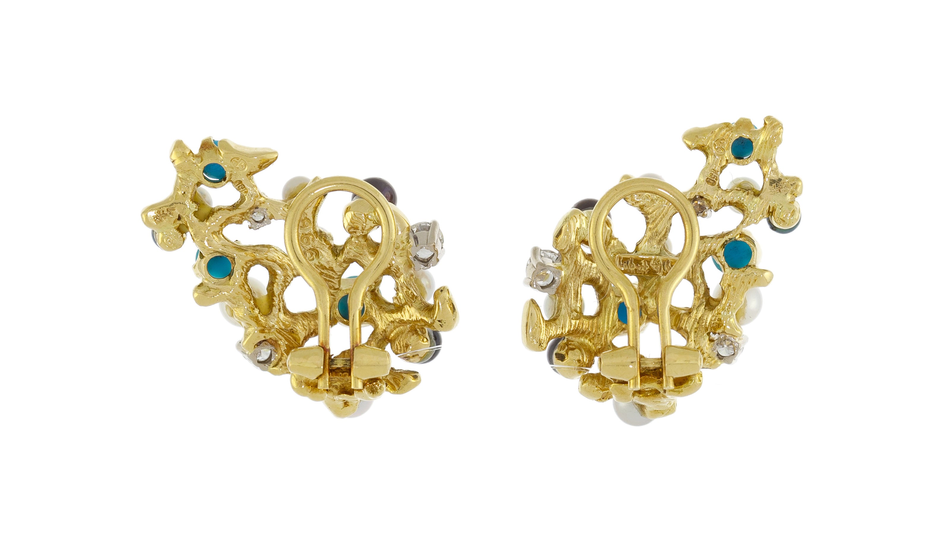 Gilbert Albert Half Set Turquoise Diamonds Pearls 18K Yellow Gold