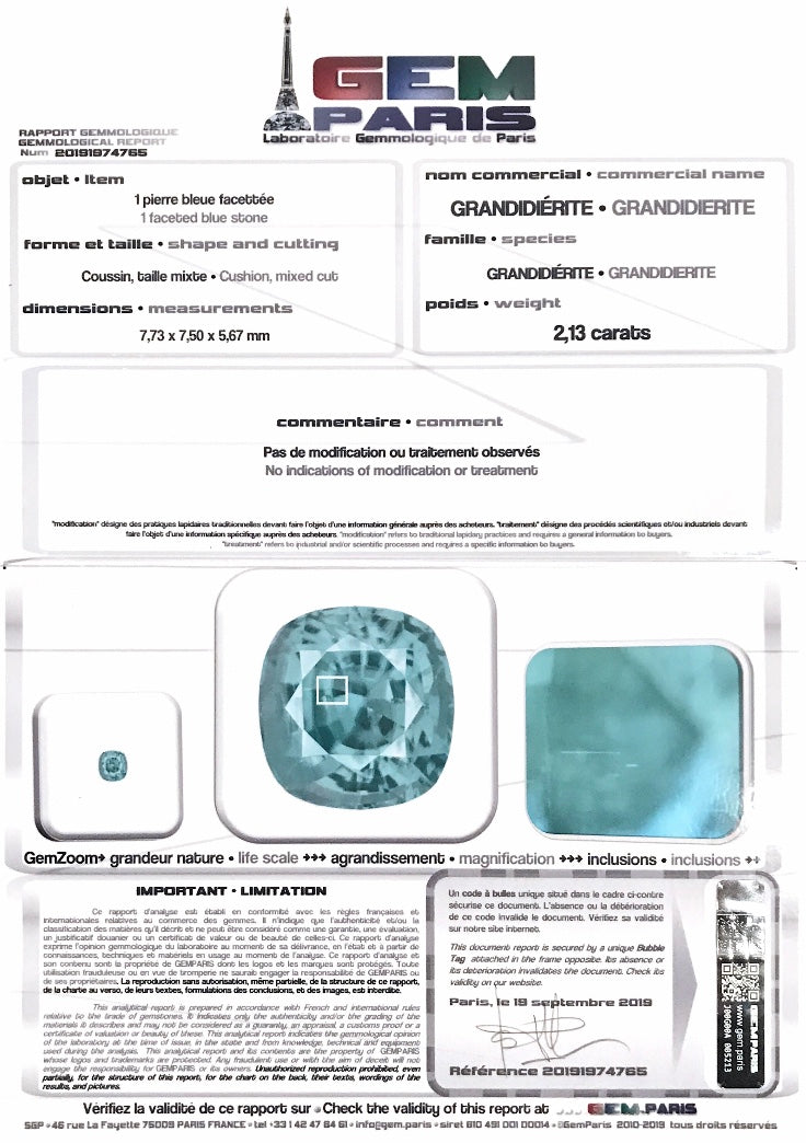 Grandidiérite 2.13 Carats Certificat Gem Paris