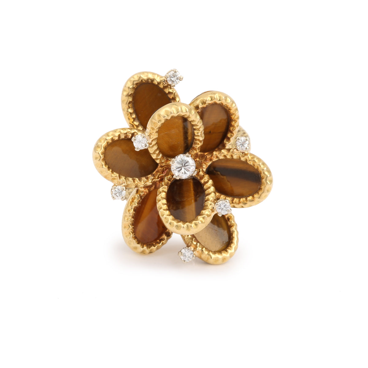 Tiger Eye Diamond Cabochon 18K Yellow Gold Flower Ring Attributed to Fred Paris