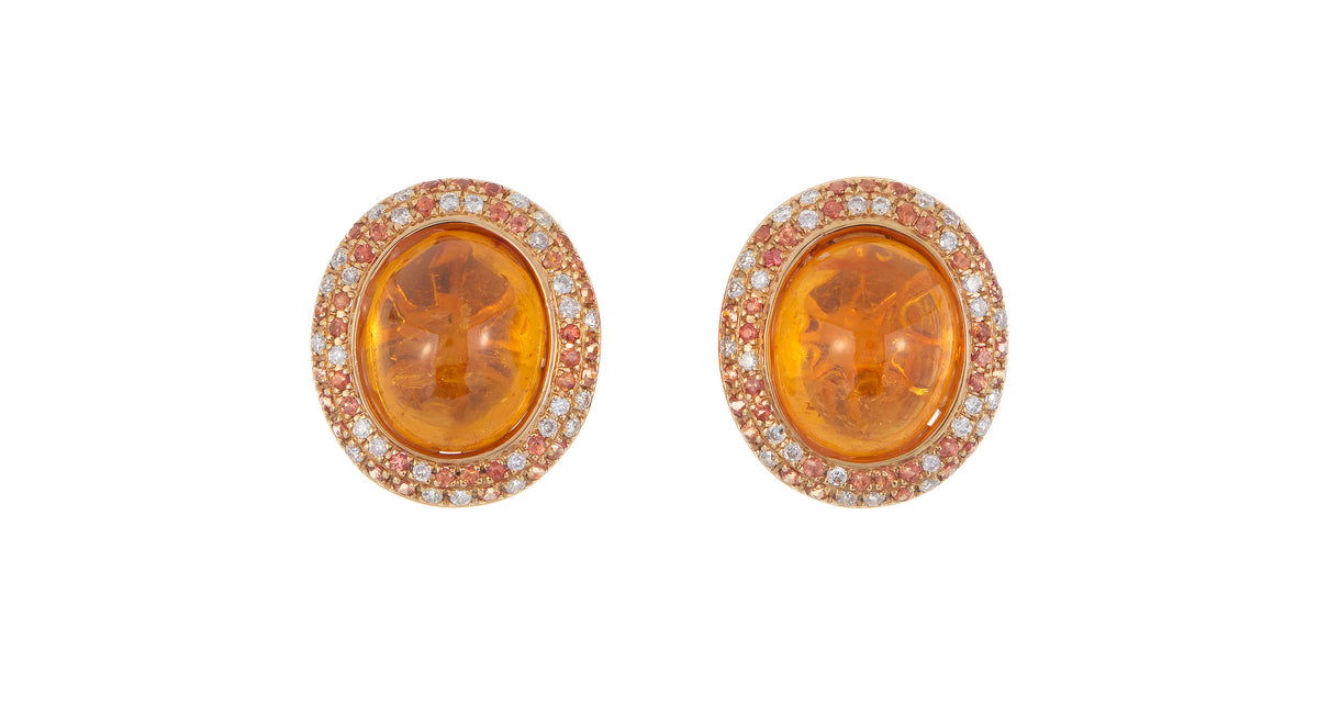 Boucles d'Oreilles Grenat Spessartite Saphirs Orange diamants Or rose 18 Carats
