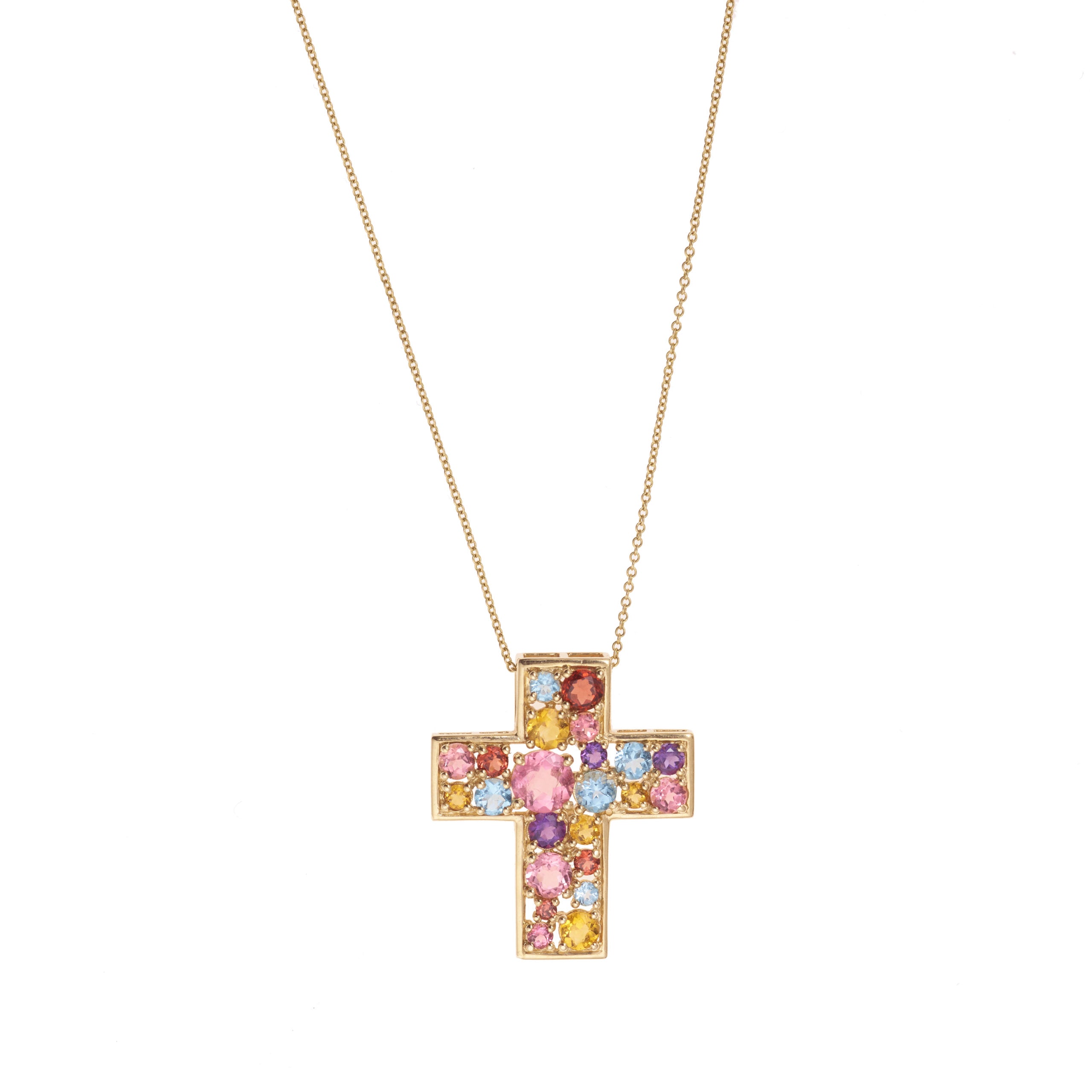 Colored Stones 14 Carats Yellow Gold Cross Pendant Necklace