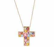 Colored Stones 14 Carats Yellow Gold Cross Pendant Necklace