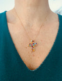 Colored Stones 14 Carats Yellow Gold Cross Pendant Necklace