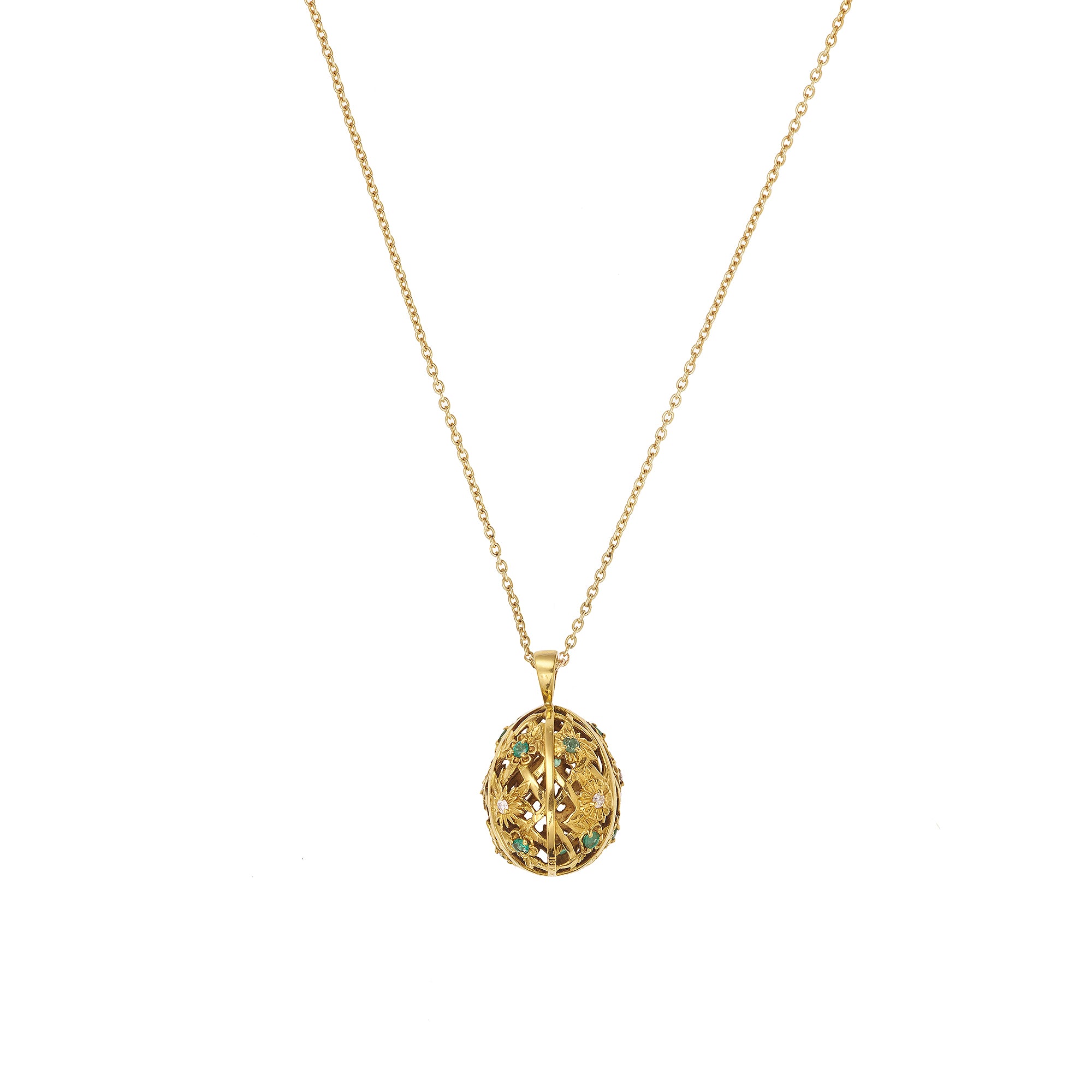 Egg-Shaped Emeralds Diamonds 18K Yellow Gold Pendant