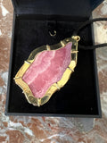 Large Vintage Rhodochrosite Slice 18K Yellow Gold Pendant