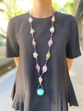 Rock cristal, pink quartz, turquoise, calchedony long multicolored necklace