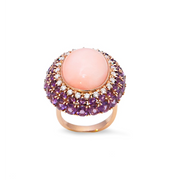 Pink coral , amethysts and diamonds 18K Yellow Gold cocktail ring