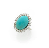 Bague Retro Pompadour Cabochon Turquoise Diamants Platine Or Gris 18 Carats