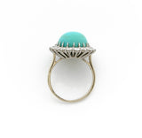 Bague Retro Pompadour Cabochon Turquoise Diamants Platine Or Gris 18 Carats