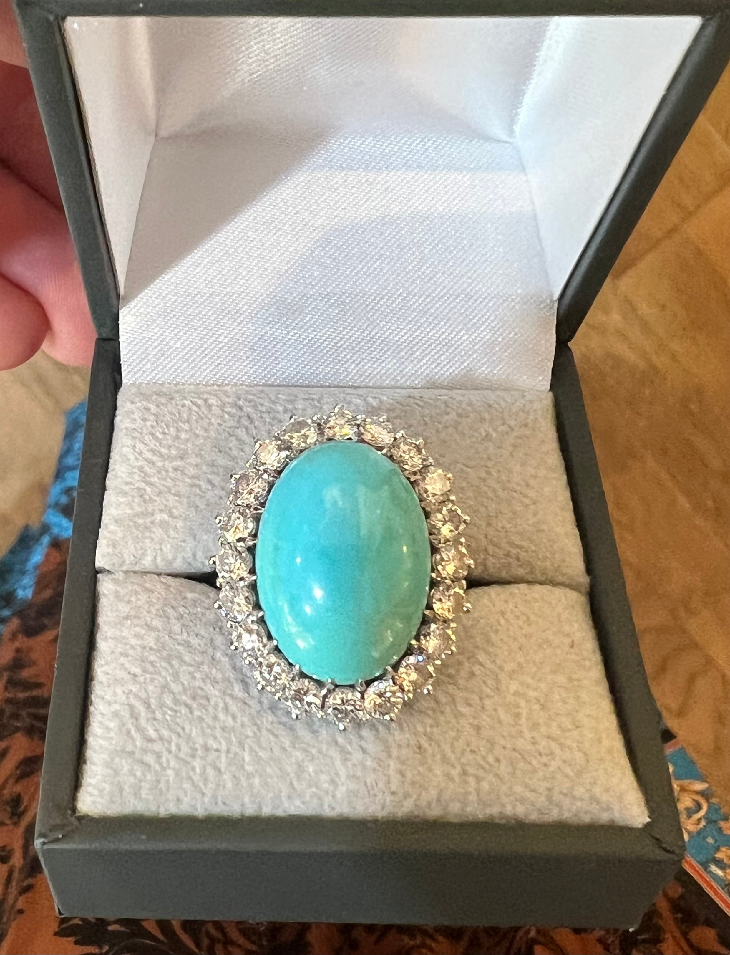 Bague Retro Pompadour Cabochon Turquoise Diamants Platine Or Gris 18 Carats