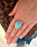 Turquoise Cabochon and Diamonds Platinum and 18 Carat White Gold Retro Pompadour Ring
