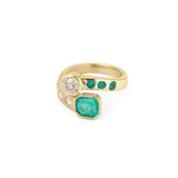 Certified You & Me Colombian Emeralds Diamonds 18 Carat Yellow Gold Ring