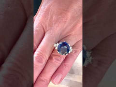 Retro Certified 8 Carats Non heated Burmese Sapphire Diamonds Platinum 18 Carats White Gold Ring