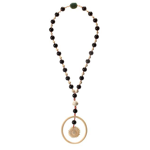 A long antique ivory, onyx and coral necklace