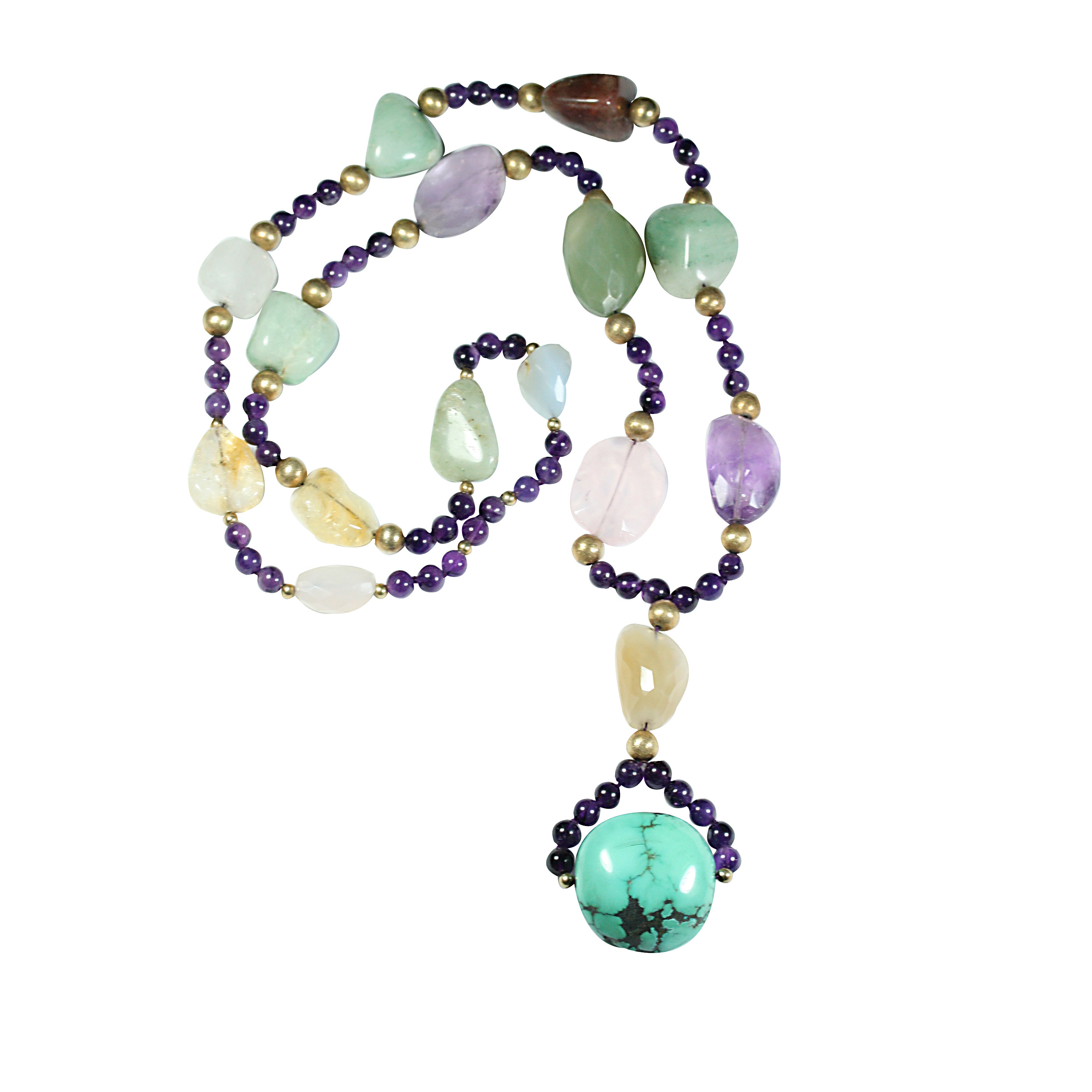 Rock cristal, pink quartz, turquoise, calchedony long multicolored necklace